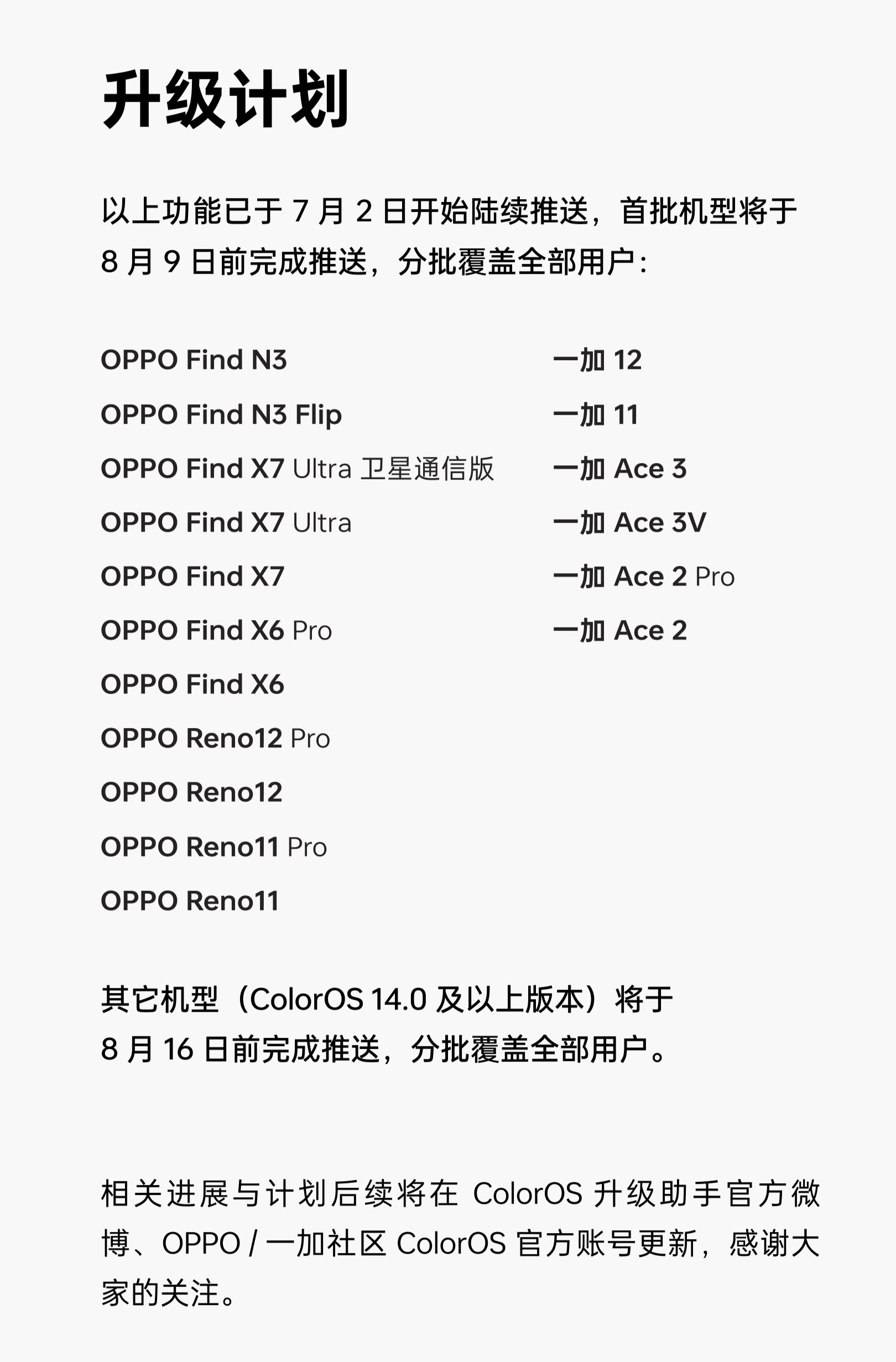 ColorOS 2024年7月更新计划一览